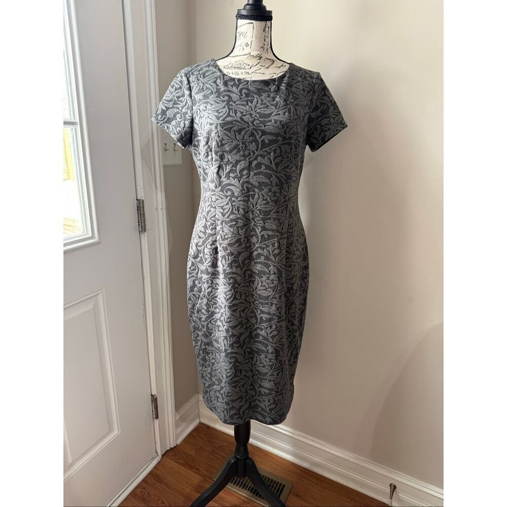 Ann Taylor Women's Textured Short Sleeve Midi Sheath Dress Gray Black Size MP